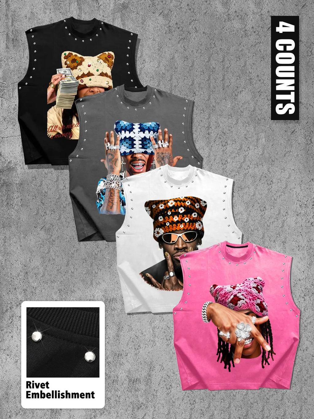 Men's Casual 4-Piece Tank Top Set, Sleeveless High Street Graphic Portrait Print, Regular Fit, Trendy and Comfortable, Perfect for Daily Wear, Sleeveless Tanks