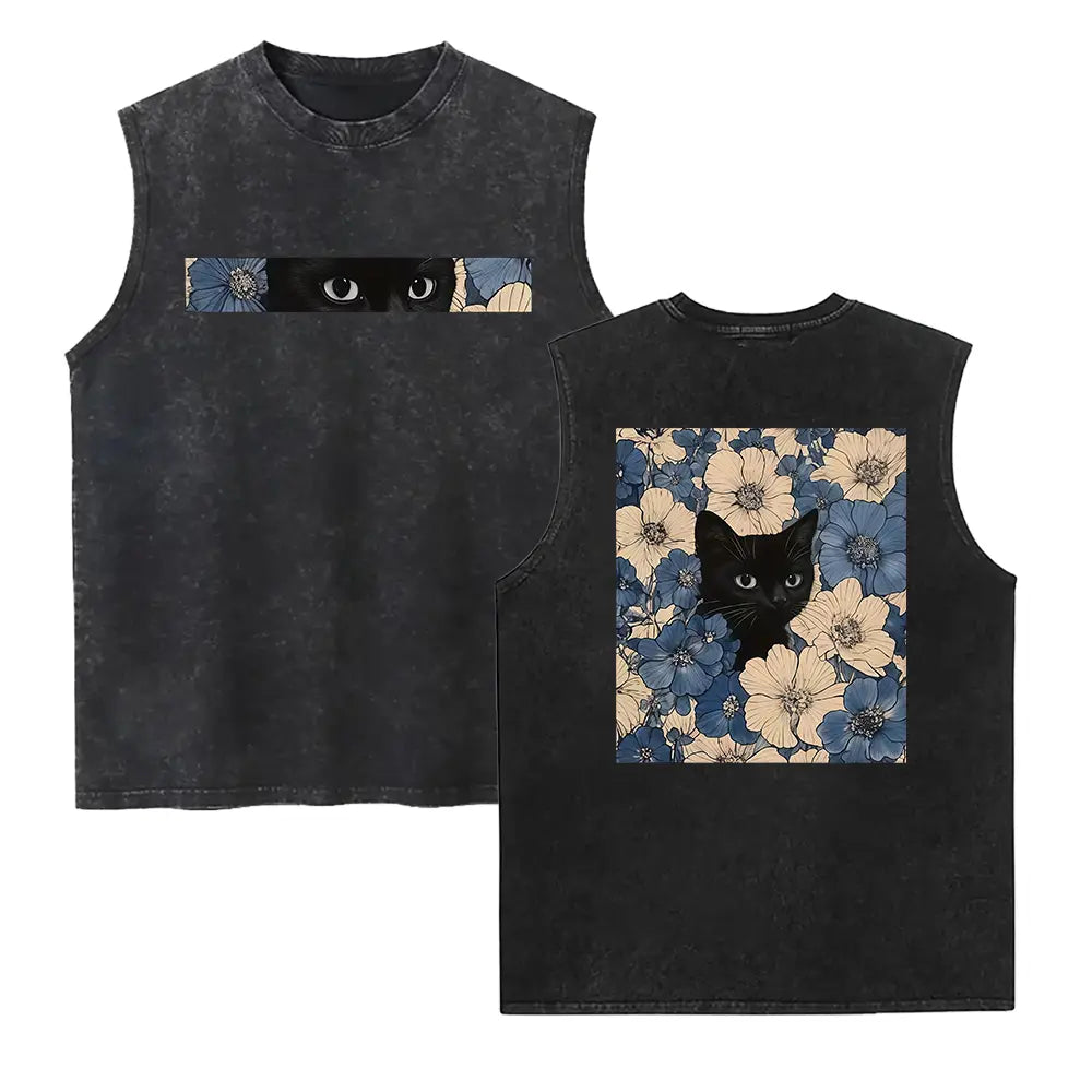 Vtage Washed Black Cat Floral Prt Washed Vest - Y2K Style, Casual Streetwear for Men & Women, Short Slee