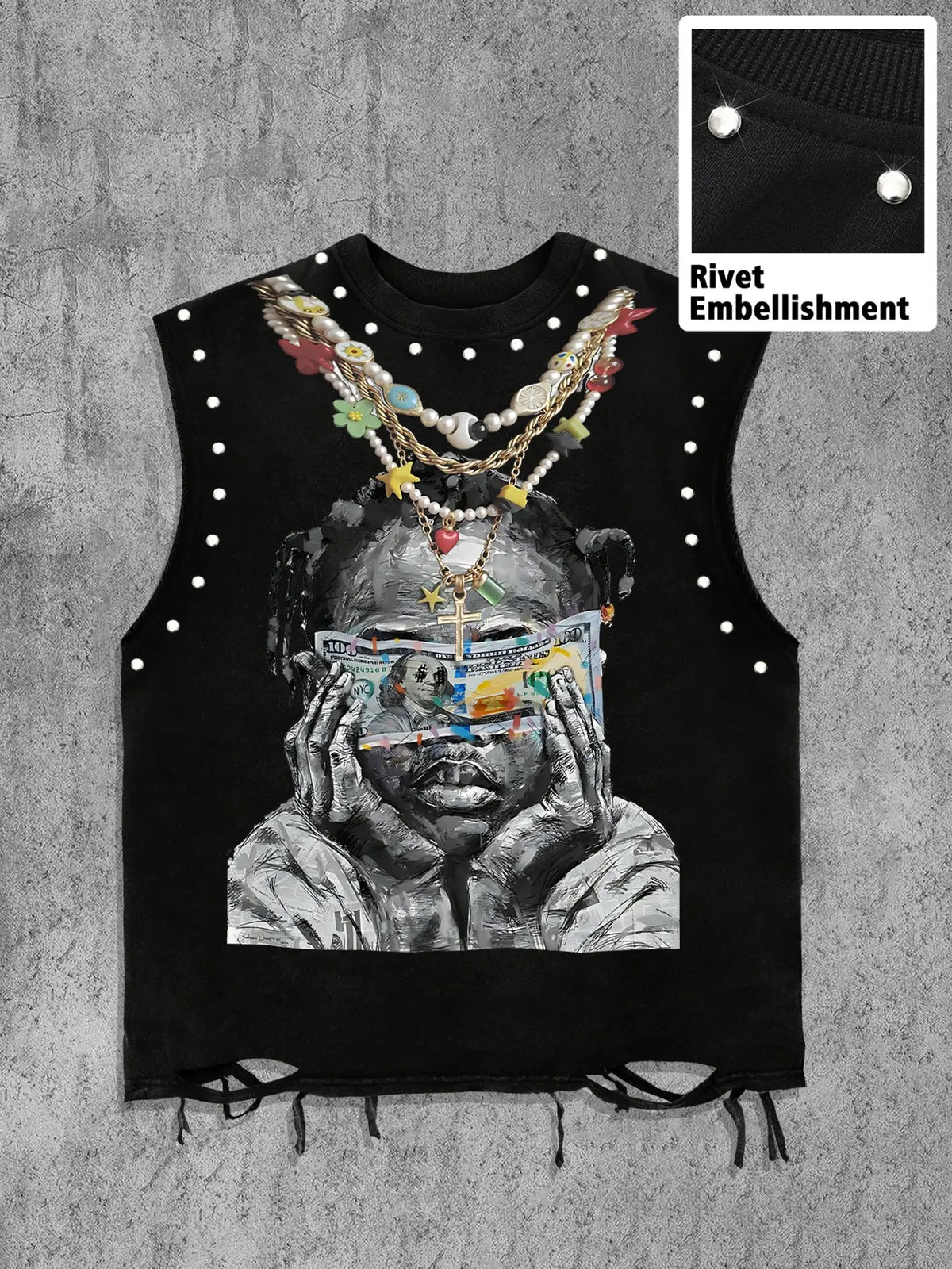 Trendy Men's Round Neck Asymmetrical Fashion Tank Top Vest with Character Graphic Print Front, Decorative Necklace Design, Letter Slogan Back, Skin-Friendly Fabric, Streetwear Style