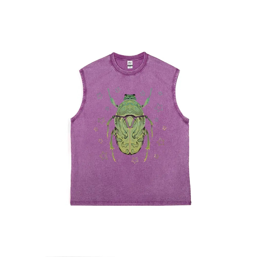 Men's Green Scarab Beetle Vintage Washed Pure Cotton Tank Top - Tshirt, Relaxed Fit, Distressed Look, Mensfashion, Back to School Shopping, Soho Chic