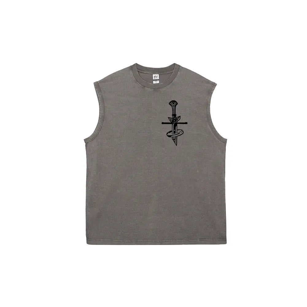 Men's Vintage Double-Sided Graphic Tank Top - 100% Cotton Retro Streetwear Washed Vest, Breathable Relaxed Fit for Casual Wear