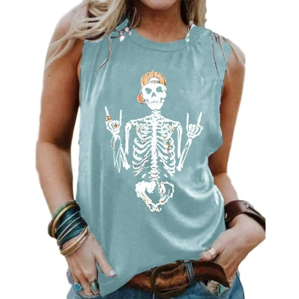 Women's Skull Graphic Print High Neck Sleeveless Tank Top - Flattering Cut, Sleeveless Shirt, Sporty Chic, Size M, Workout-to-Weekend, Short Length, Summer Casual Athletic Wear