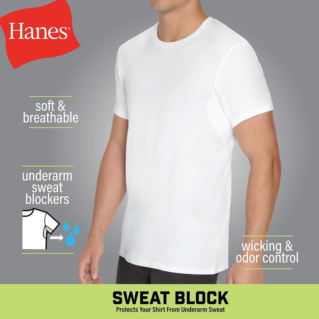Hanes Men's Sweat Block Undershirt, Underarm Sweat Blocking Tee, Vneck Or Crewneck, White T-Shirt, 3-Pack