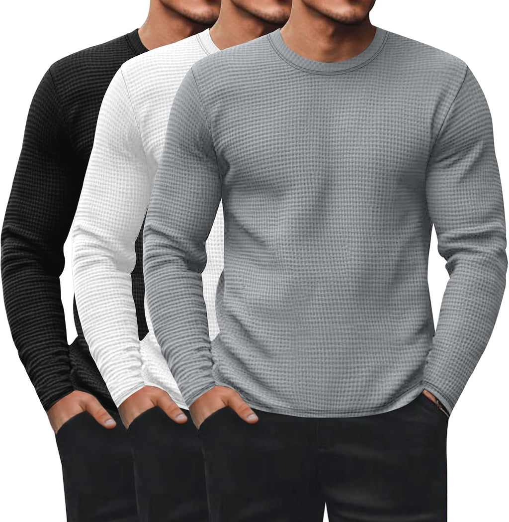 Ficerd 3 Pack Men's Waffle Thermal Long Sleeve Crew Neck Shirts