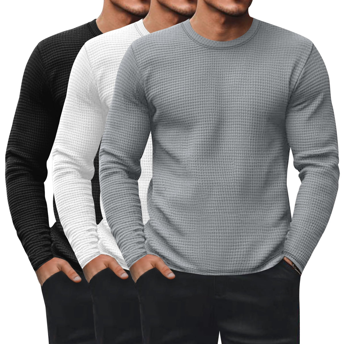 Ficerd 3 Pack Men's Waffle Thermal Long Sleeve Crew Neck Shirts