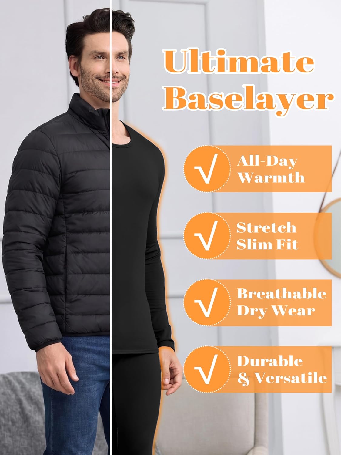 URATOT 3 Sets Men's Thermal Underwear Set Fleece Lined Long Johns Thermal Underwear Base Layer Set for Men Cold Winter