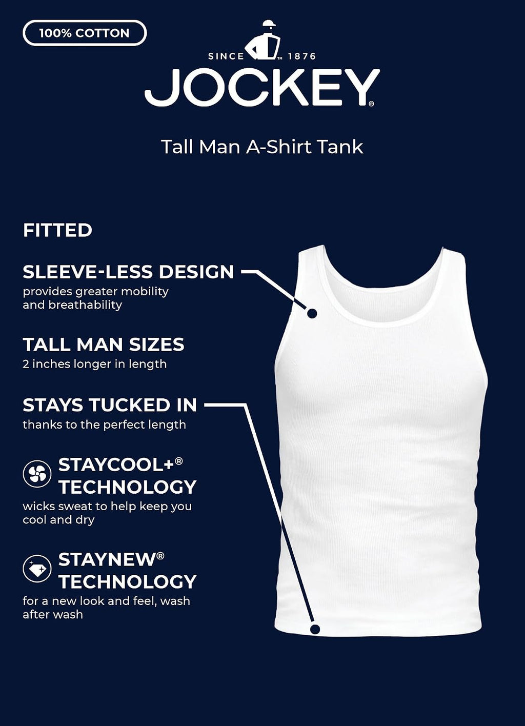 Jockey Men's Undershirt 100% Cotton Tall Man A-Shirt Tank - 3 Pack
