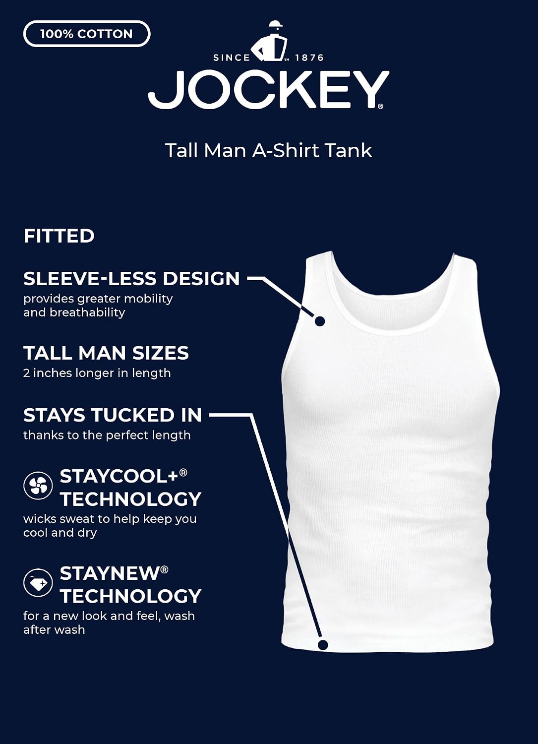 Jockey Men's Undershirt 100% Cotton Tall Man A-Shirt Tank - 3 Pack