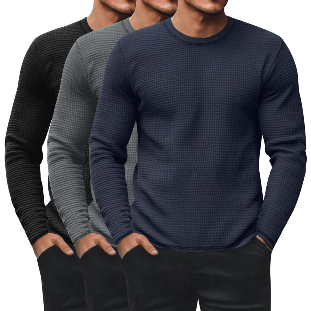 Ficerd 3 Pack Men's Waffle Thermal Long Sleeve Crew Neck Shirts
