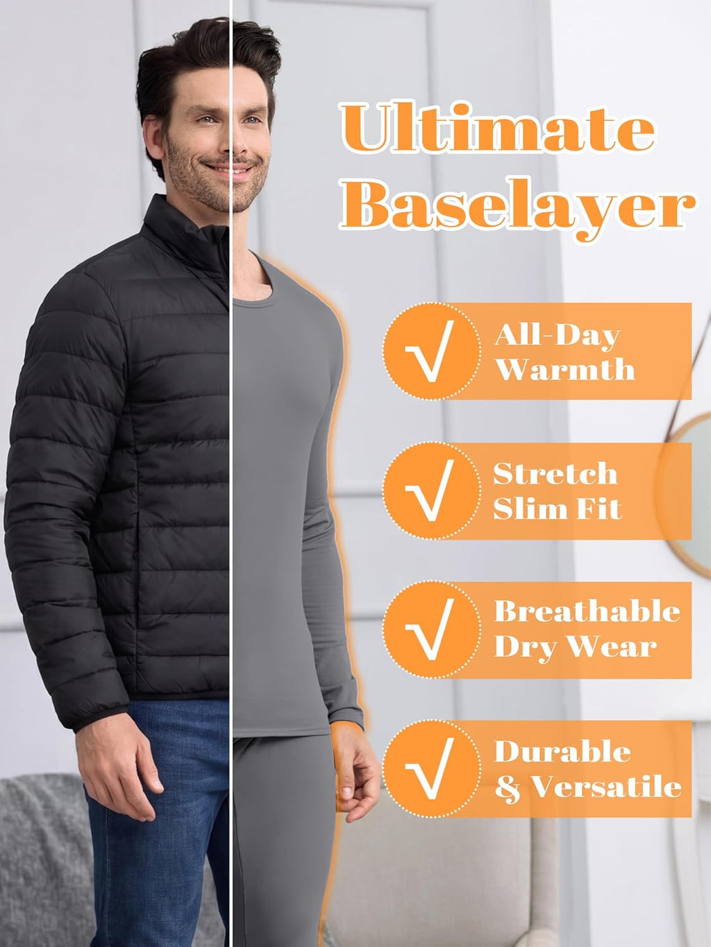 URATOT 2 Sets Men's Thermal Underwear Set Fleece Lined Thermal Underwear Soft Long Johns Top Bottom Set for Men Cold Winter
