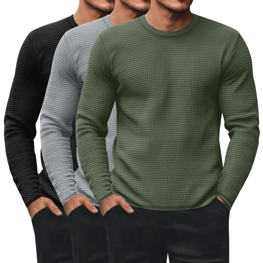 Ficerd 3 Pack Men's Waffle Thermal Long Sleeve Crew Neck Shirts