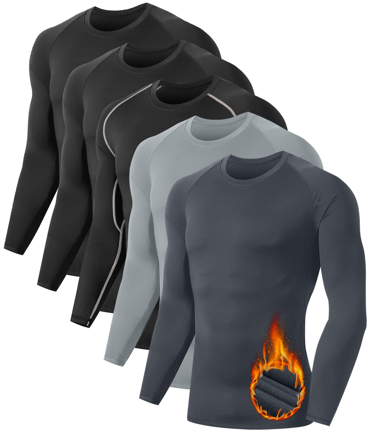 5 or 4 Pack Men's Thermal Compression Shirt Fleece Lined Long Sleeve Athletic Base Layer Cold Weather Gear Workout Top