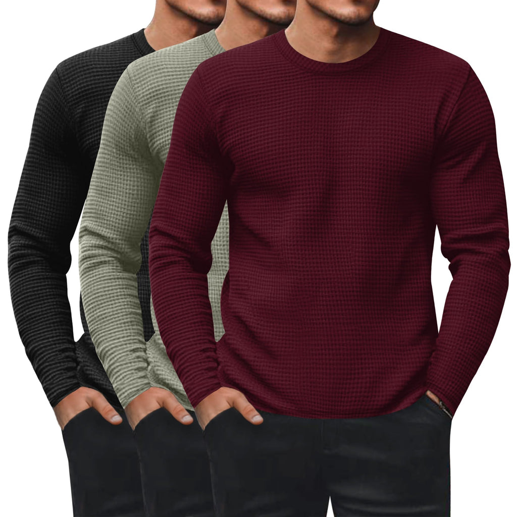 Ficerd 3 Pack Men's Waffle Thermal Long Sleeve Crew Neck Shirts