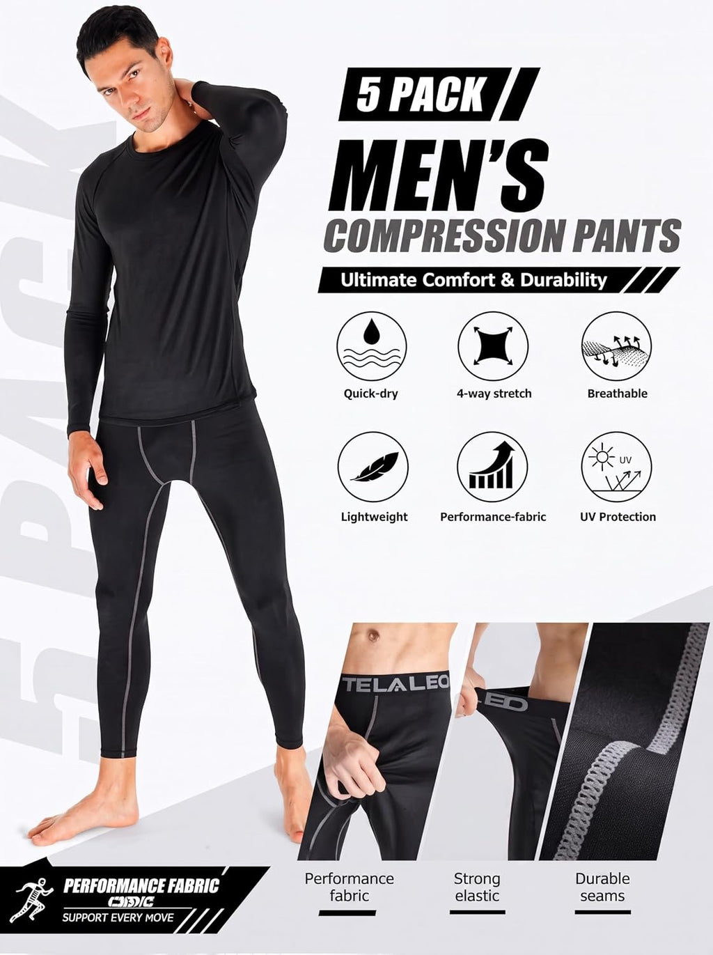 5 Pack Men's Compression Pants Performance Leggings Tights Baselayer