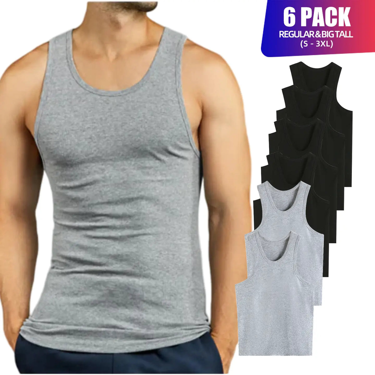 Men's 6-Pack 100% Cotton Ribbed Tank Tops, Breathable Sleeveless Underwear Undershirts, Solid Classic Casual Menswear for Workout, S-3XL Regular & Big & Tall Sizes