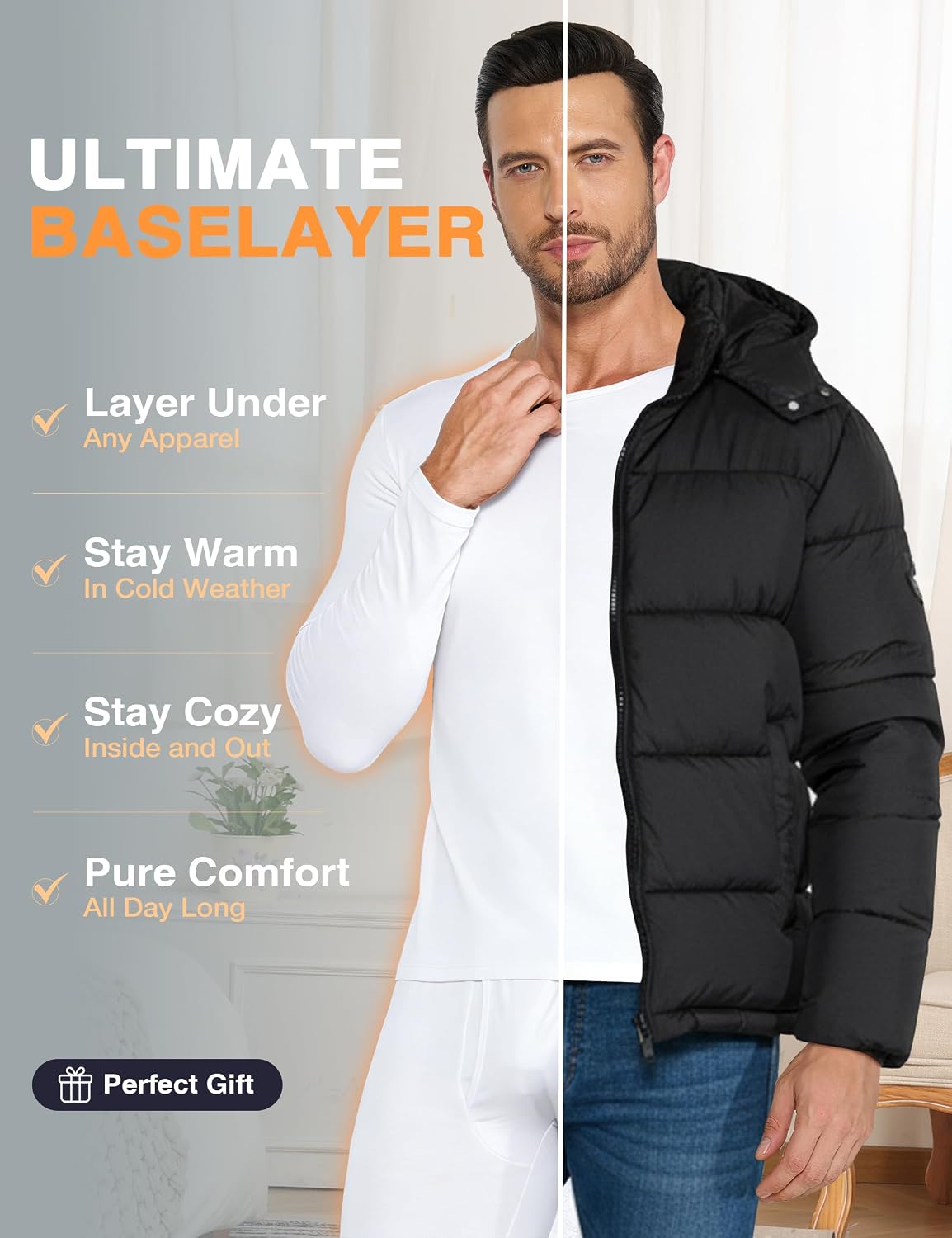 ZUTY 4 or 3 Pack Thermal Underwear for Men Long Sleeve Thermal Shirts Fleece Lined Soft Warm Base Layer Tops