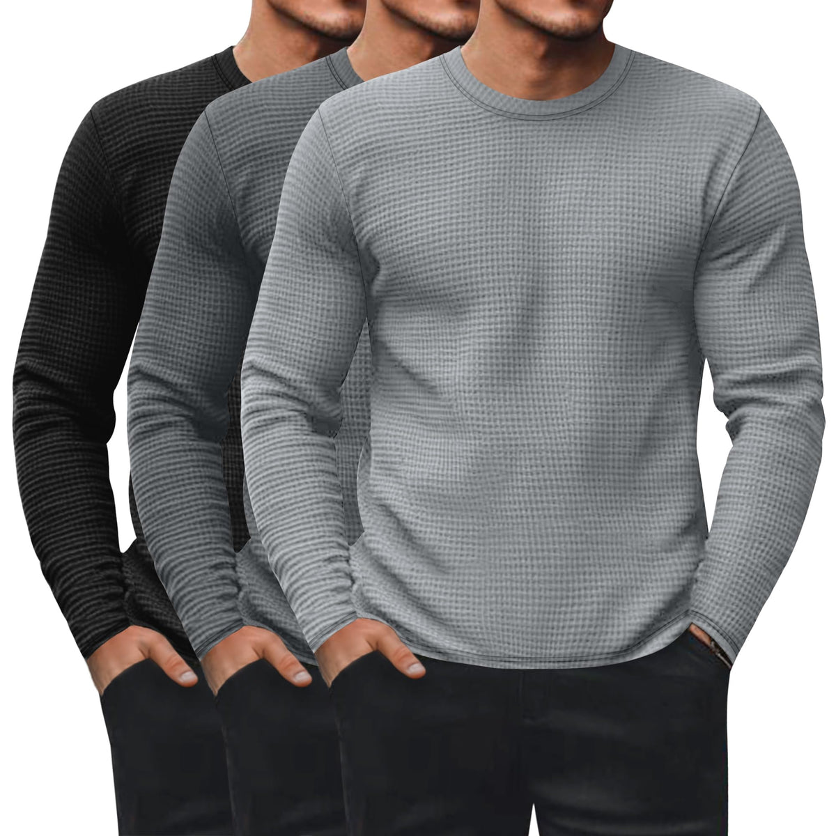 Ficerd 3 Pack Men's Waffle Thermal Long Sleeve Crew Neck Shirts