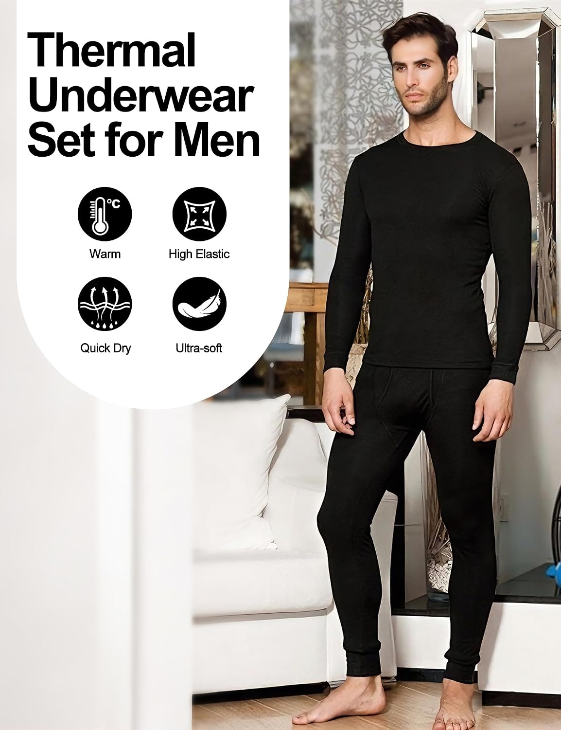 Dalavch 2 Set Mens Thermal Underwear Long Johns Fleece Lined Base Layer