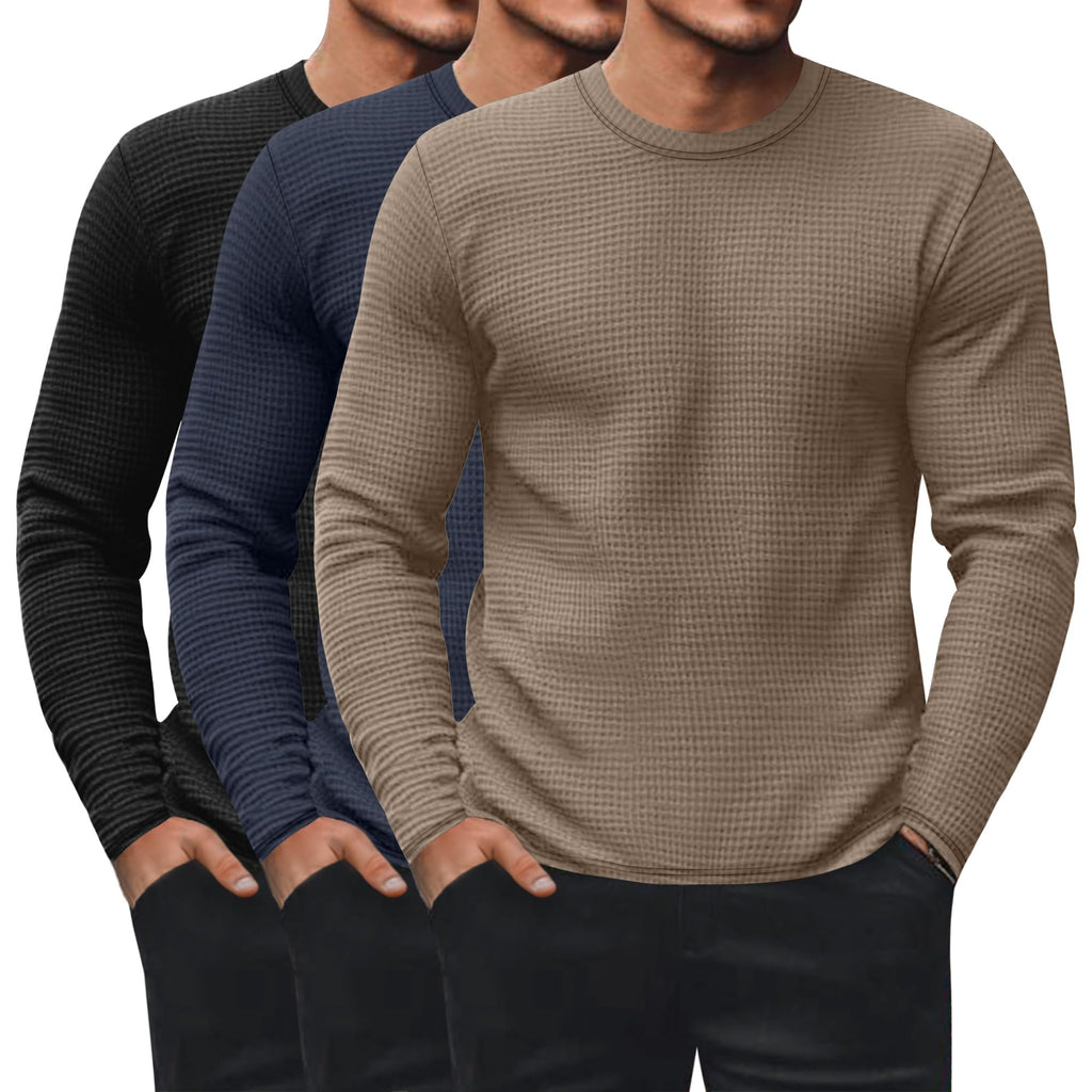 Ficerd 3 Pack Men's Waffle Thermal Long Sleeve Crew Neck Shirts