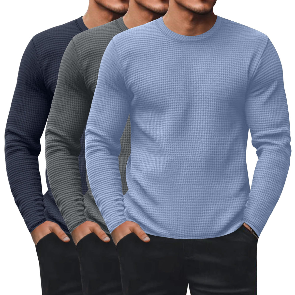 Ficerd 3 Pack Men's Waffle Thermal Long Sleeve Crew Neck Shirts