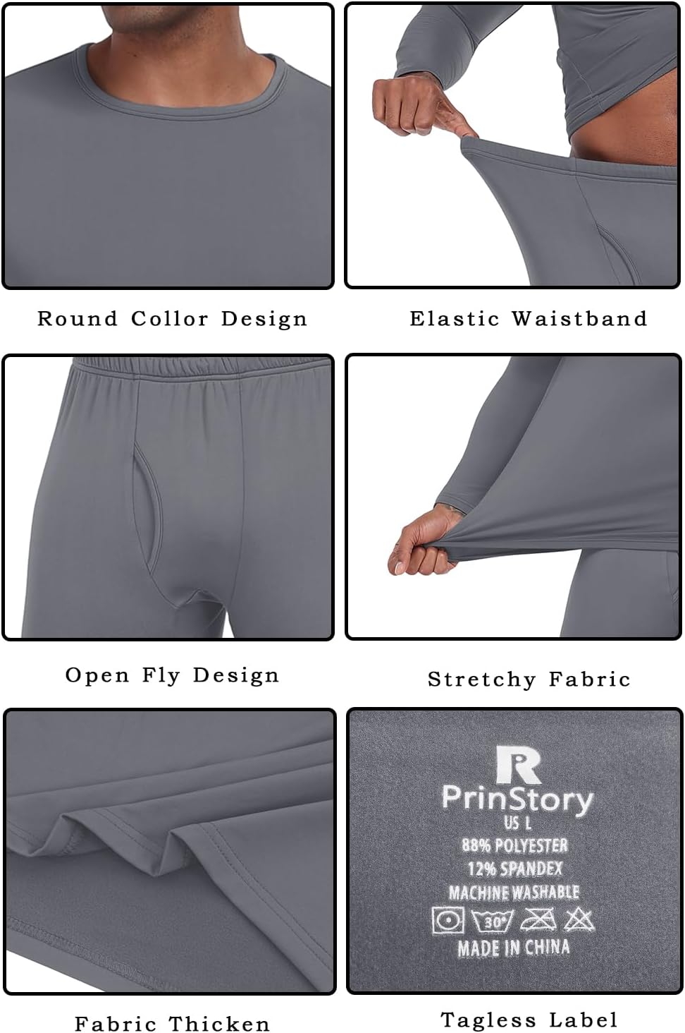 PrinStory Men's Thermal Underwear Long Johns - Cold Weather Base Layer Set Elasticity Top and Bottoms for Men S-2XL