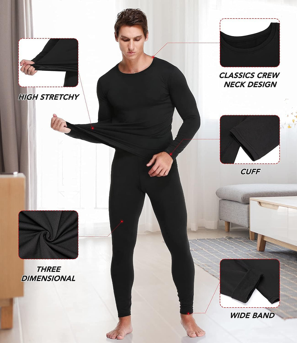 Thermal Underwear for Men, Fleece Lined Long Johns Set Winter Base Layer