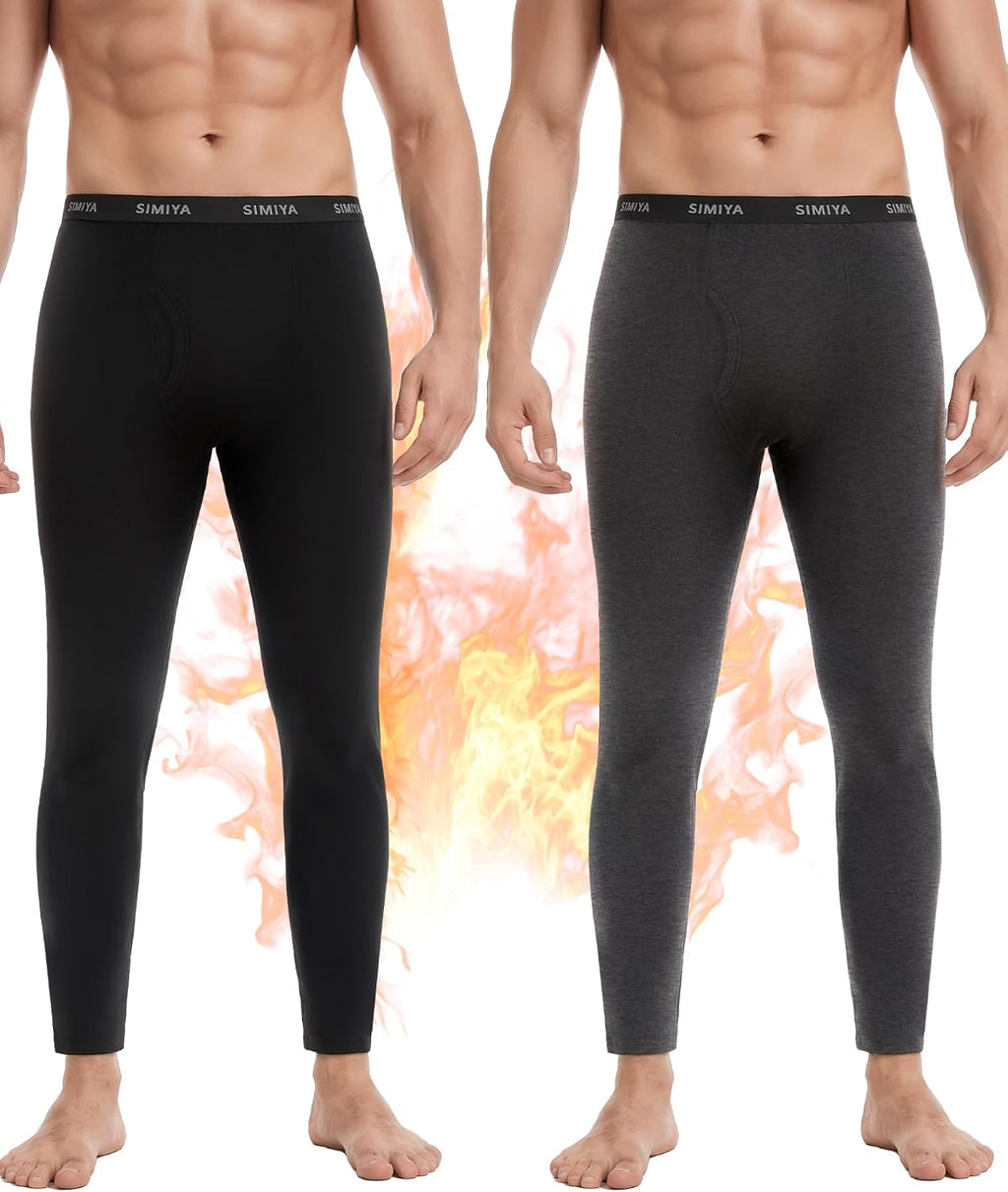 SIMIYA 2 Pack Men's Thermal Underwear Bottoms Fleece Lined Long Johns Pants