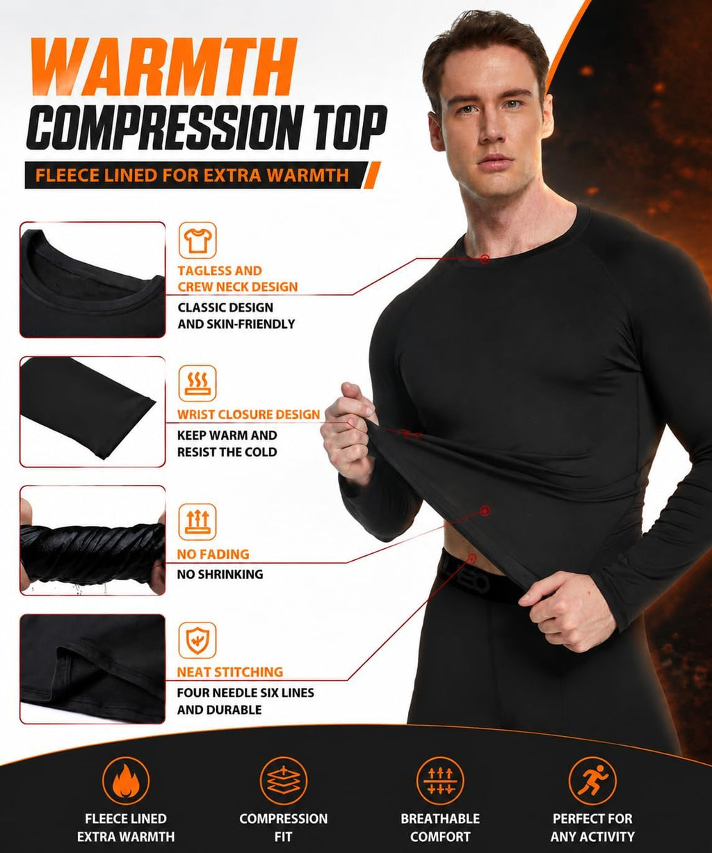 2 Set Mens Thermal Underwear Fleece Lined Long Johns Baselayer Shirts