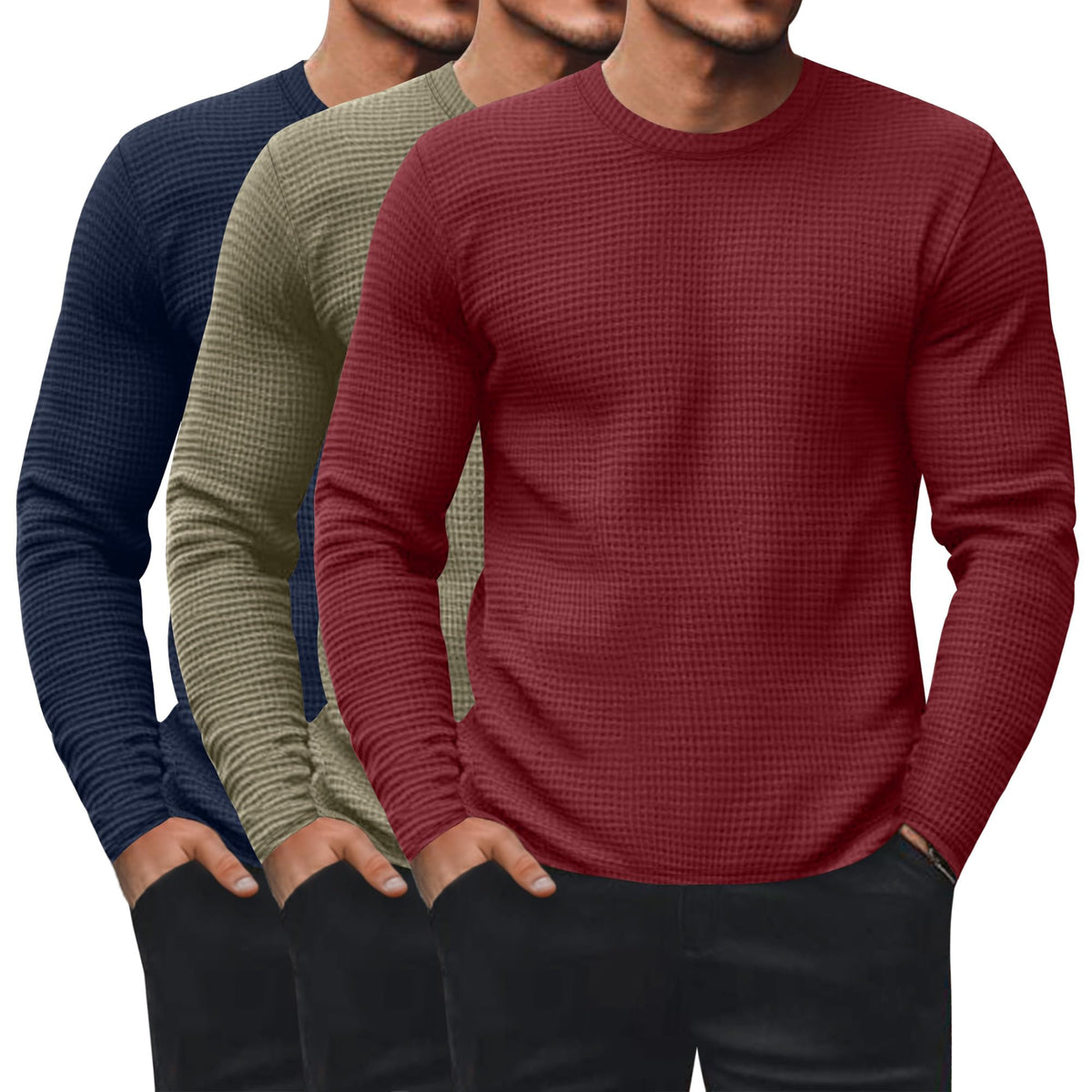 Ficerd 3 Pack Men's Waffle Thermal Long Sleeve Crew Neck Shirts