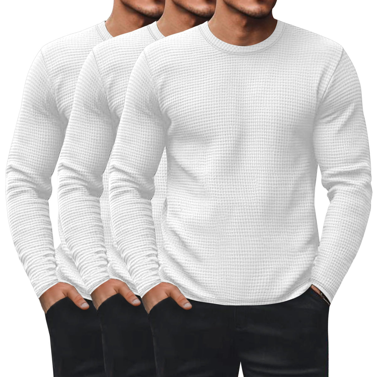 Ficerd 3 Pack Men's Waffle Thermal Long Sleeve Crew Neck Shirts