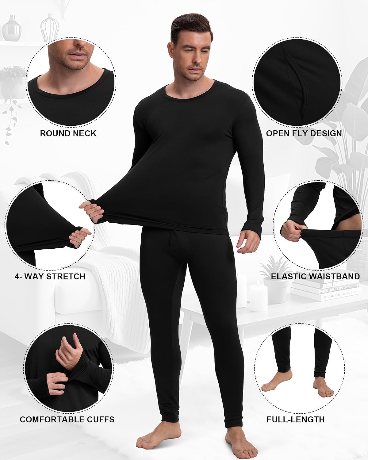 Patelai 5 Sets Men's Fleece Lined Thermal Underwear Set