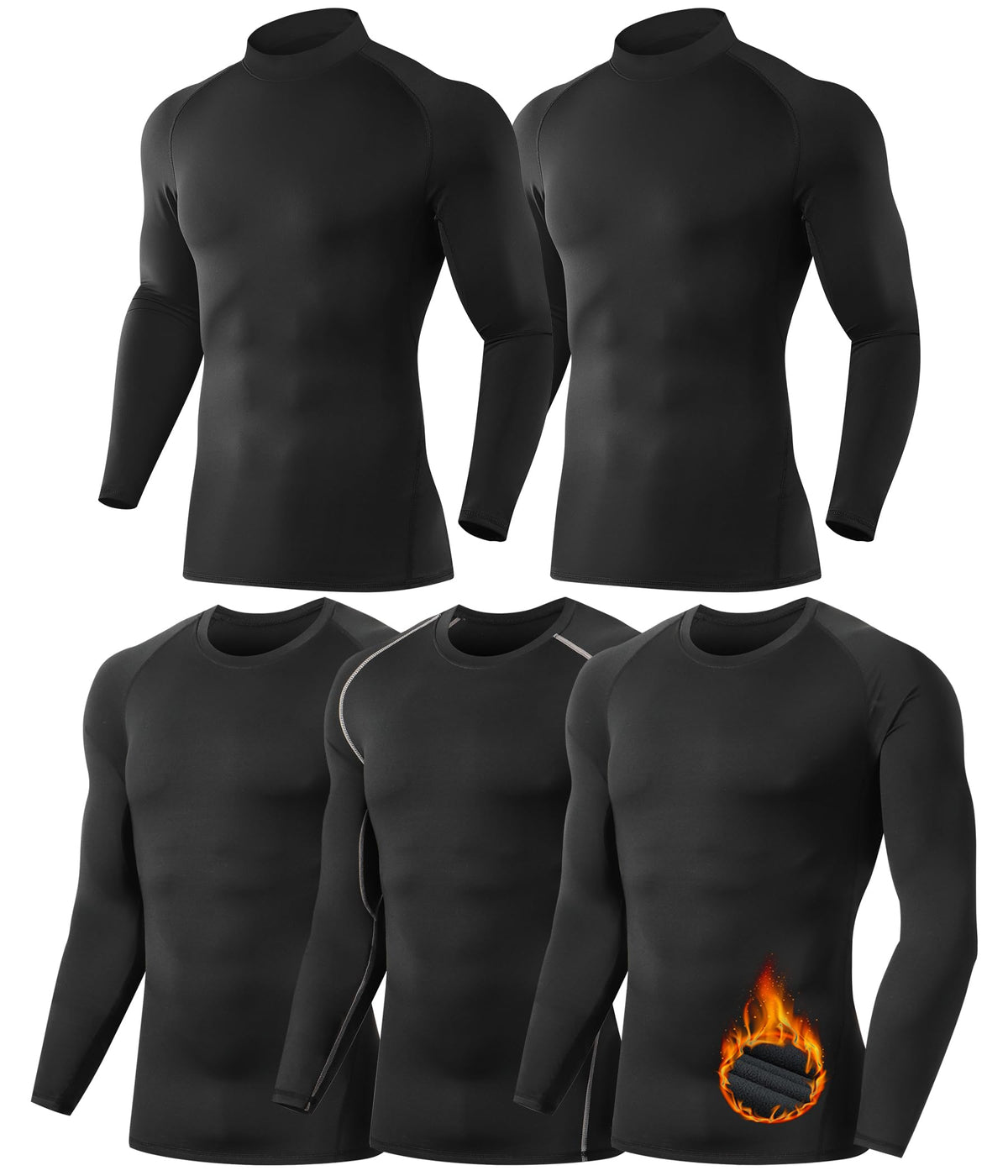 5 or 4 Pack Men's Thermal Compression Shirt Fleece Lined Long Sleeve Athletic Base Layer Cold Weather Gear Workout Top