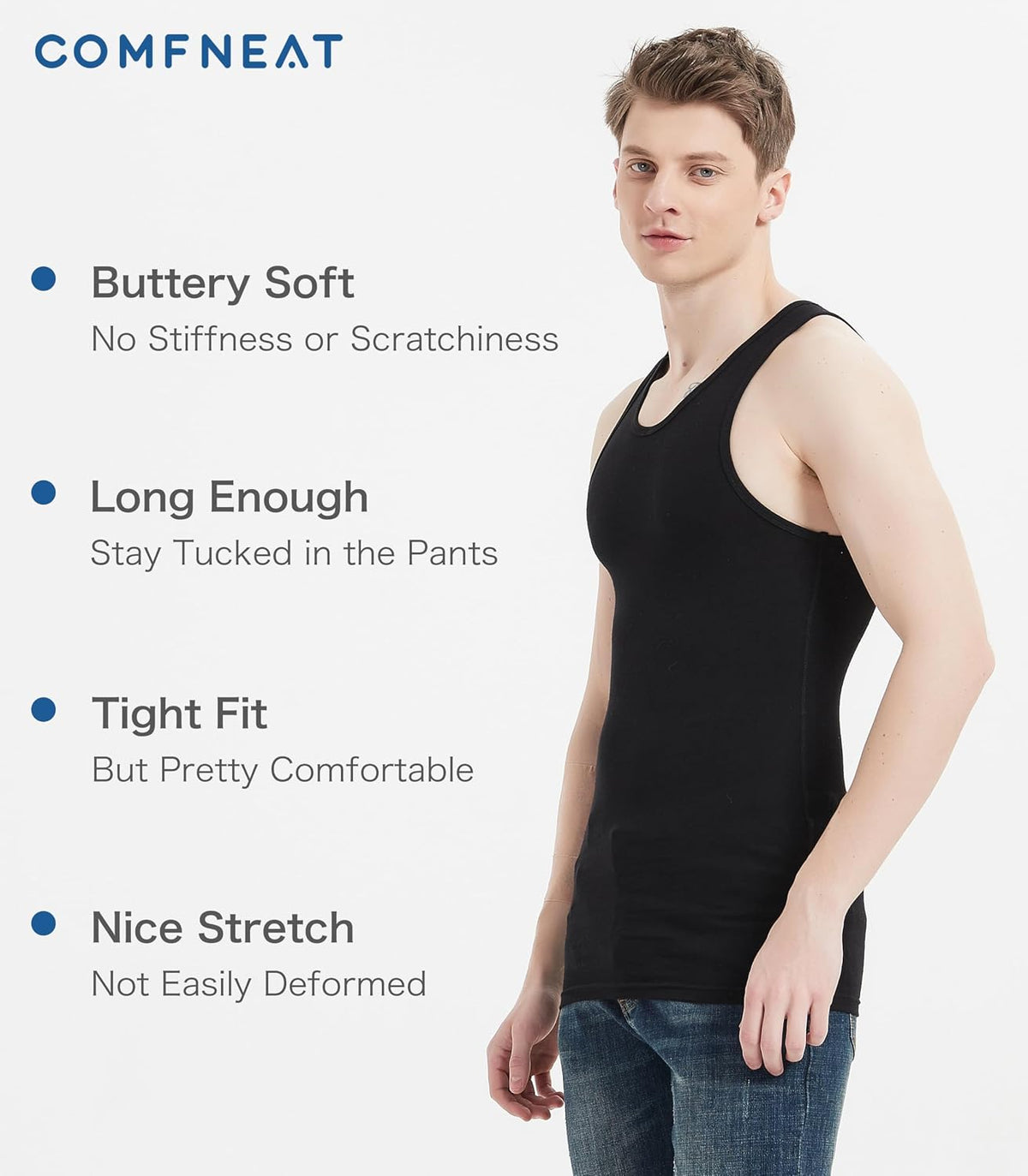Comfneat Men's 6-Pack Tight Fit Tank Tops Stretchy Cotton Undershirts