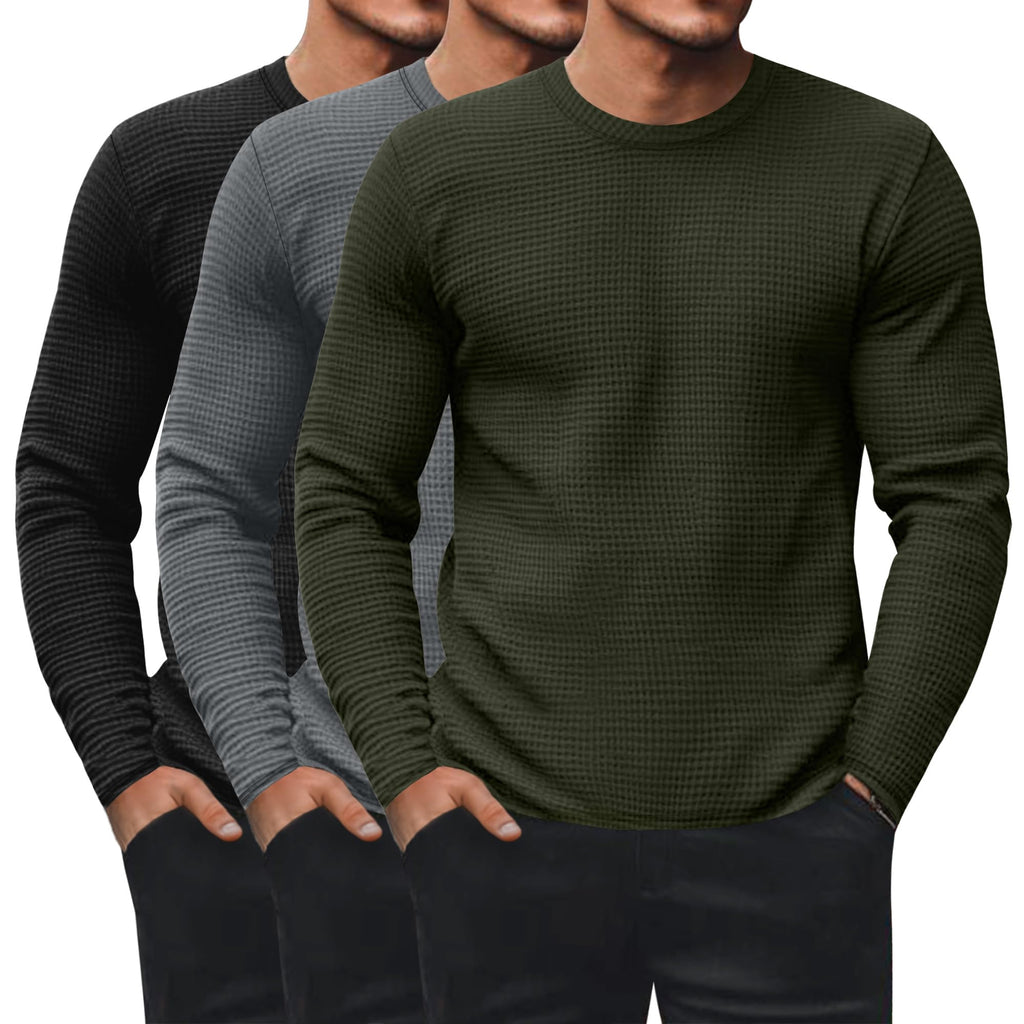 Ficerd 3 Pack Men's Waffle Thermal Long Sleeve Crew Neck Shirts