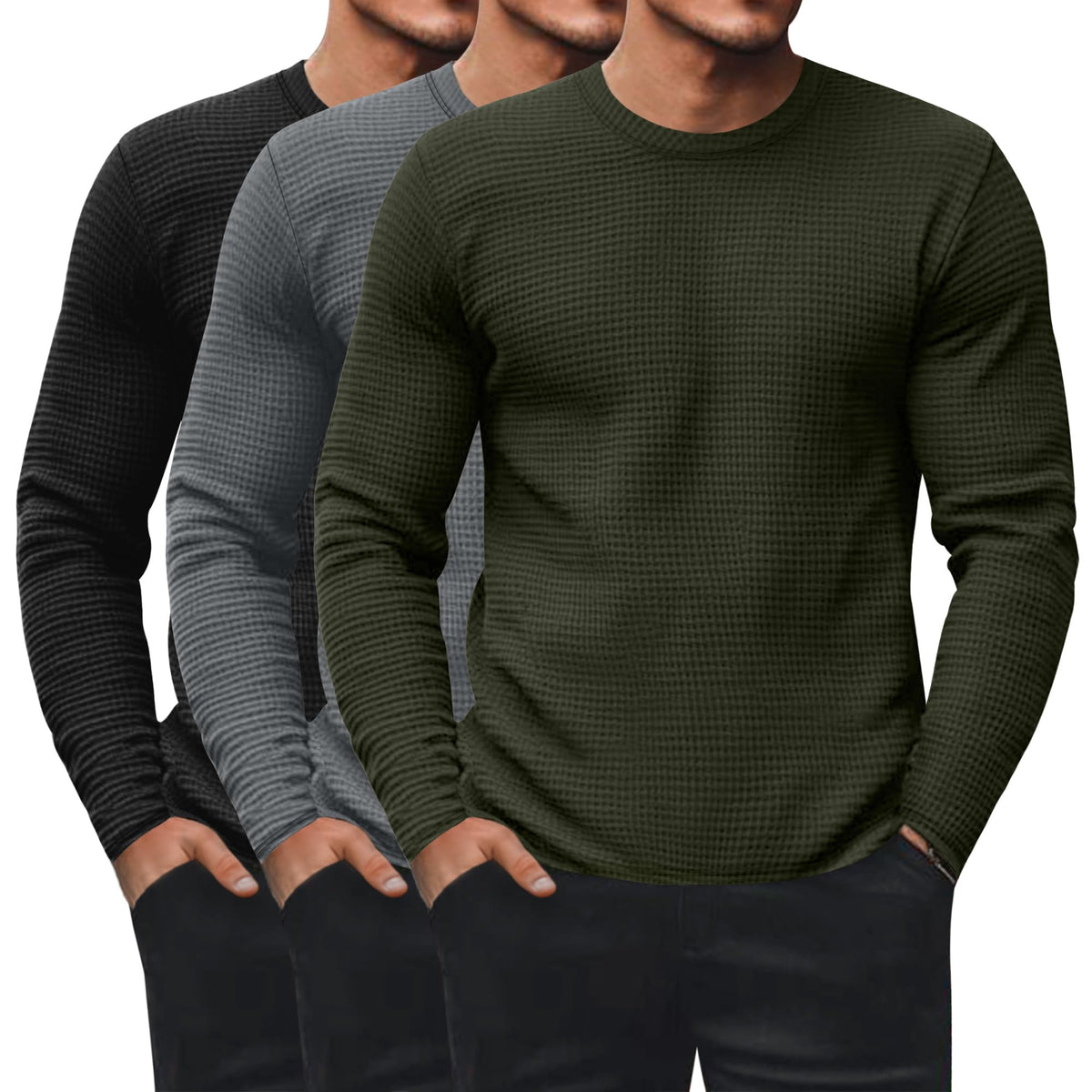 Ficerd 3 Pack Men's Waffle Thermal Long Sleeve Crew Neck Shirts