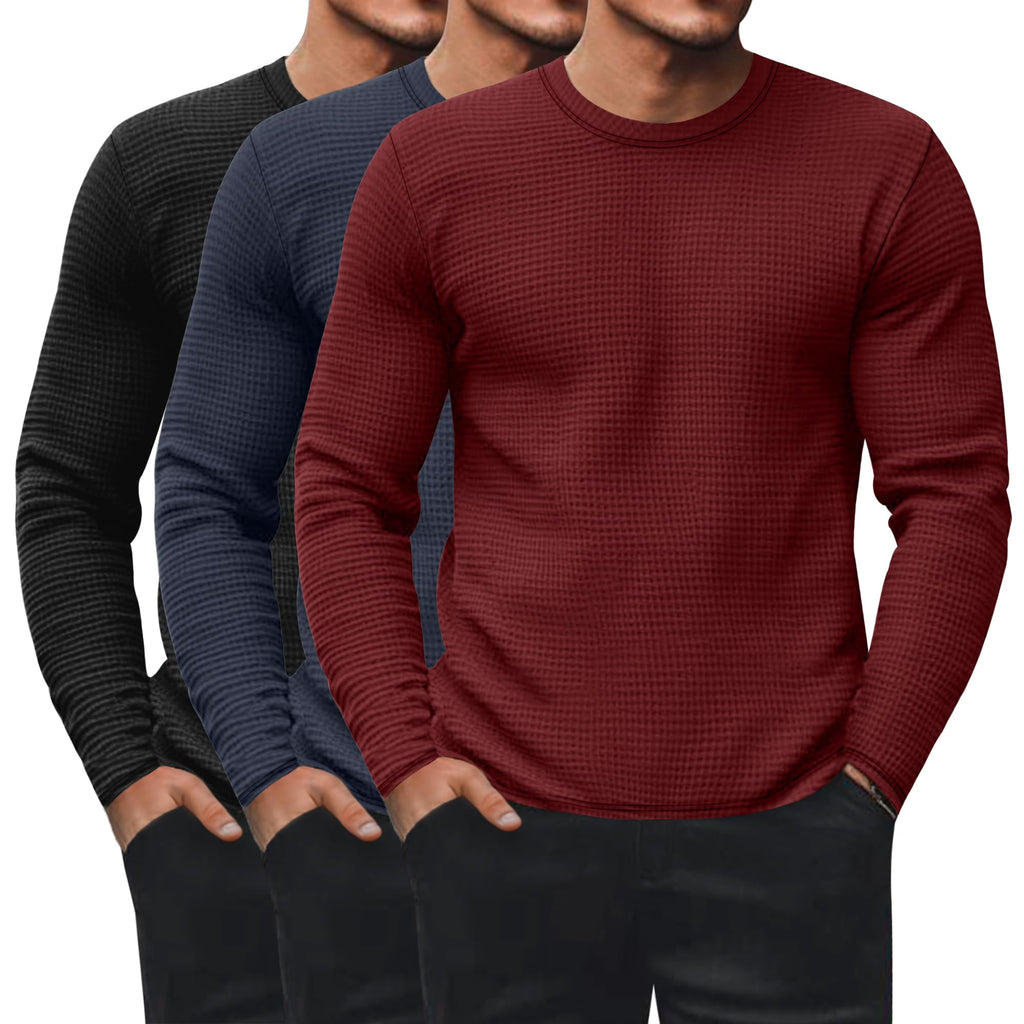 Ficerd 3 Pack Men's Waffle Thermal Long Sleeve Crew Neck Shirts