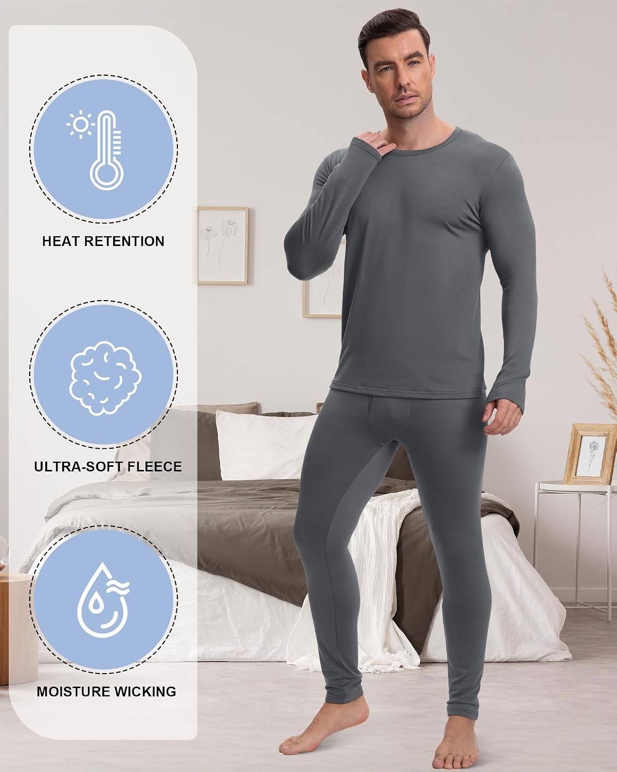 Patelai 5 Sets Men's Fleece Lined Thermal Underwear Set