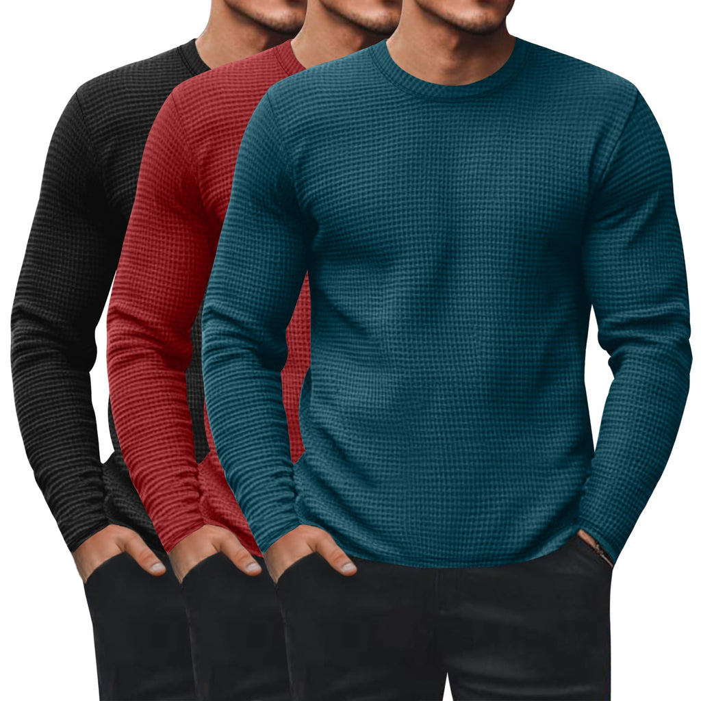 Ficerd 3 Pack Men's Waffle Thermal Long Sleeve Crew Neck Shirts