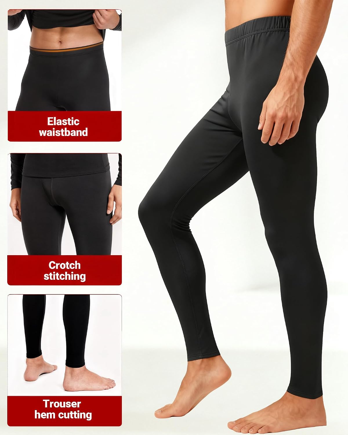 1 or 3 Pack Mens Long Johns Thermal Pants, Fleece Lined Base Layer Bottoms