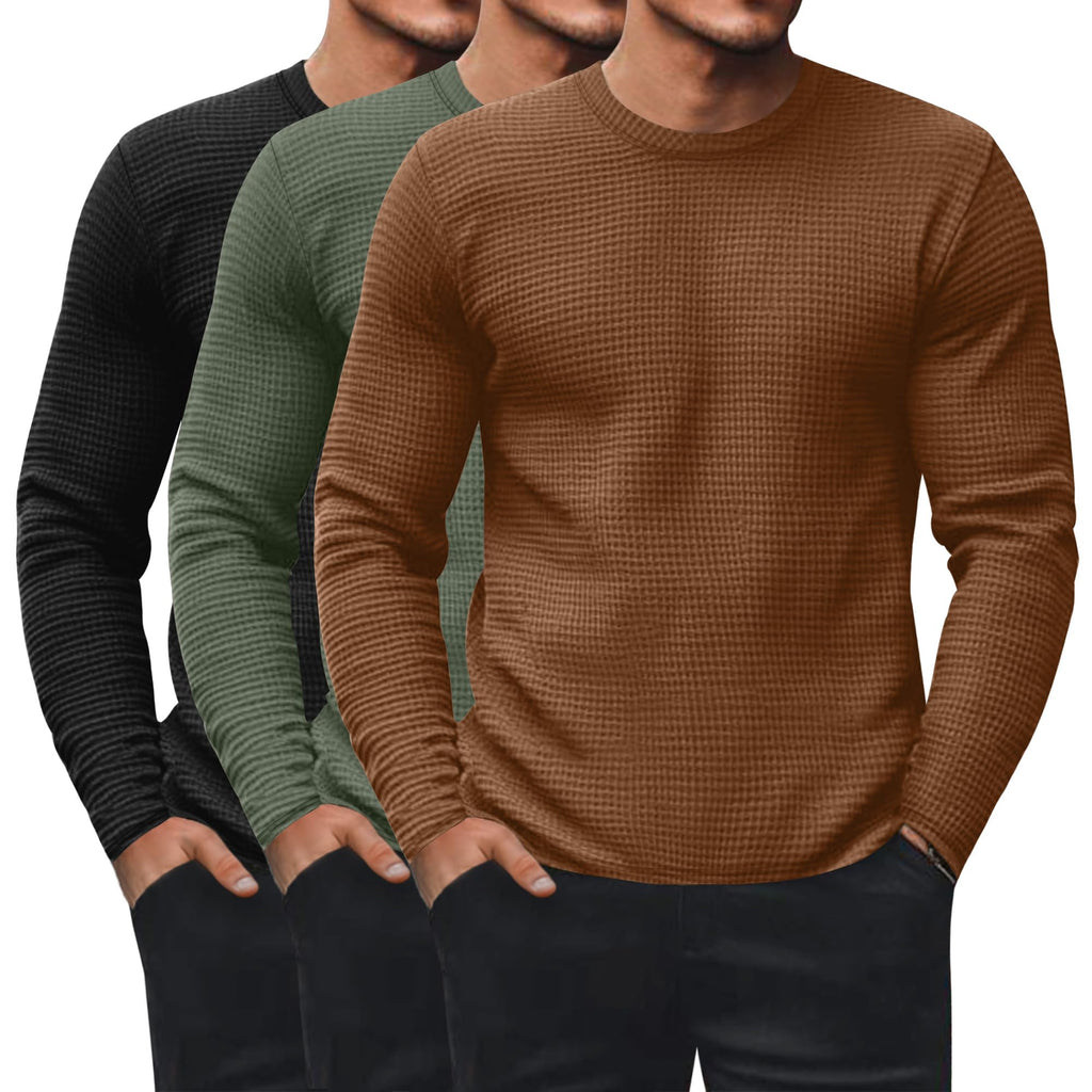 Ficerd 3 Pack Men's Waffle Thermal Long Sleeve Crew Neck Shirts