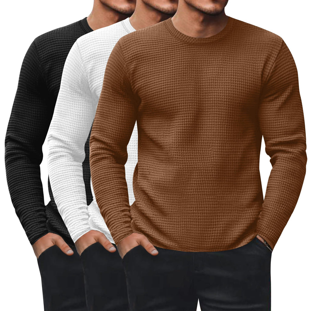 Ficerd 3 Pack Men's Waffle Thermal Long Sleeve Crew Neck Shirts