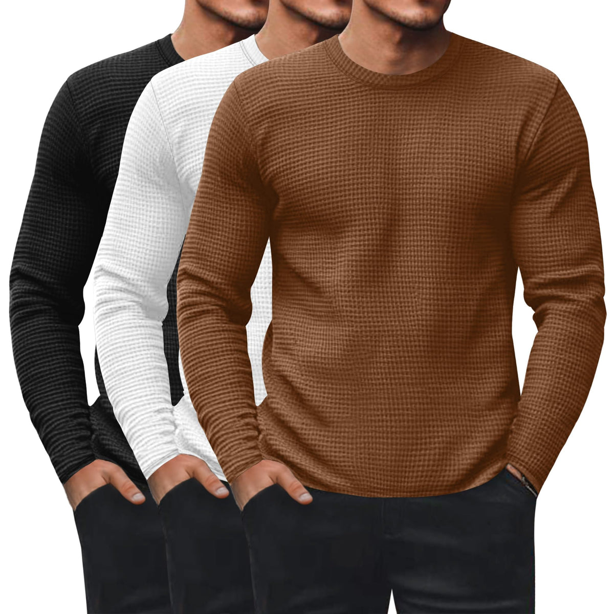 Ficerd 3 Pack Men's Waffle Thermal Long Sleeve Crew Neck Shirts