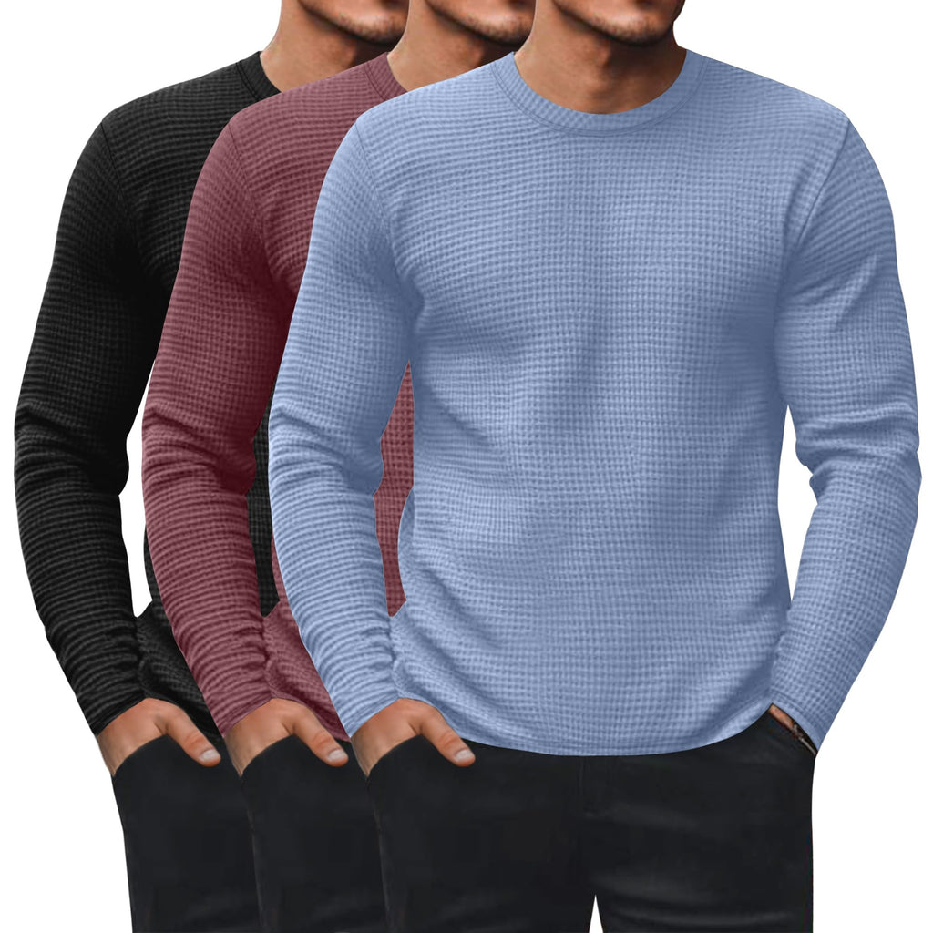 Ficerd 3 Pack Men's Waffle Thermal Long Sleeve Crew Neck Shirts
