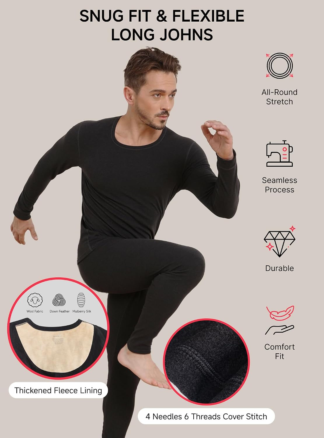 TRENDOUX Soft Thermal Underwear for Men: Warm Wool Long Johns with Fleece Lined, Base Layer Set for Cold Weather Top Bottom