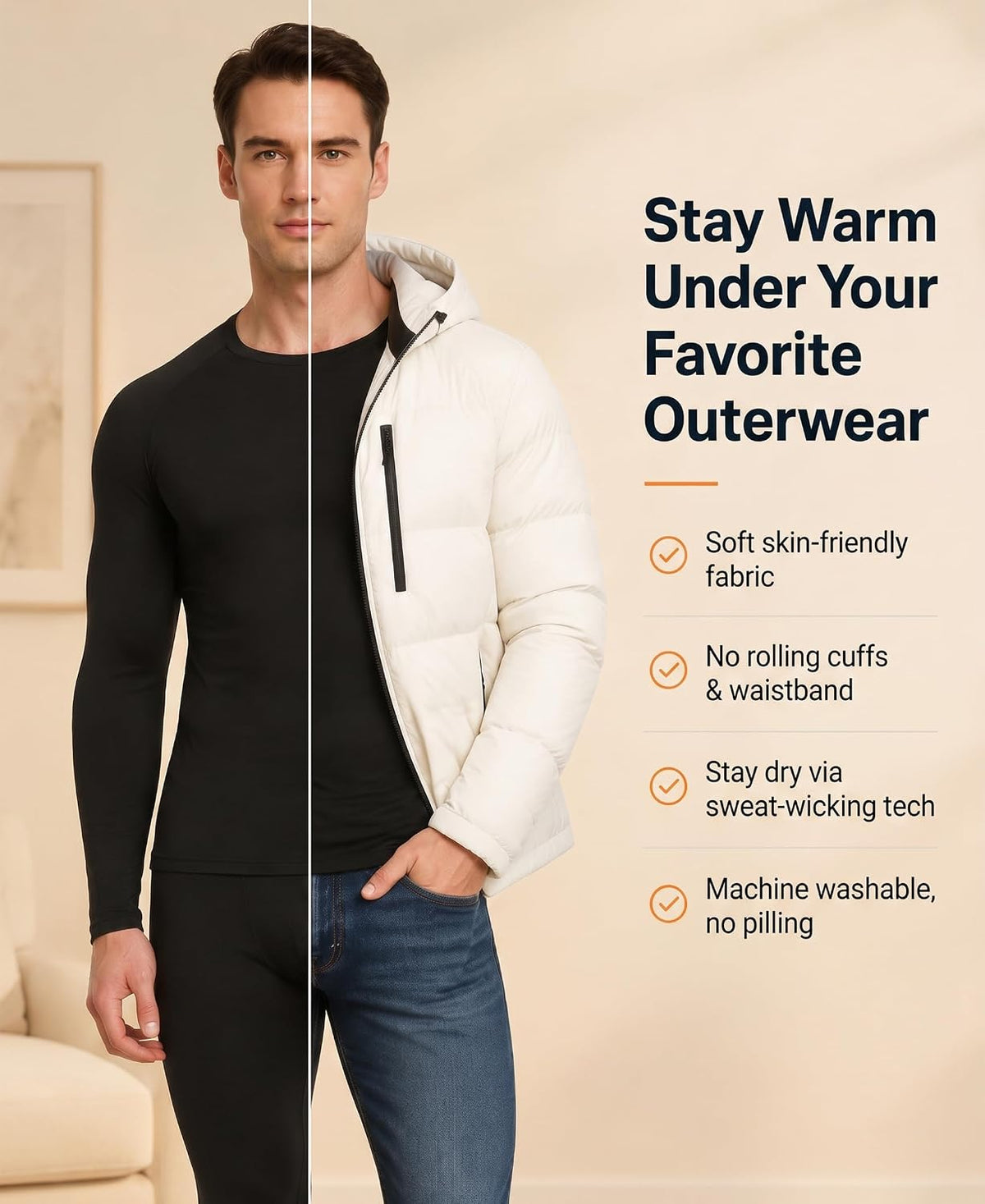 OYGSieg 3 Set Men's Thermal Underwear with Fleece Lined, Long Johns for Men