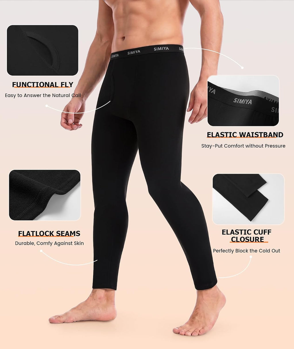 SIMIYA 2 Pack Men's Thermal Underwear Bottoms Fleece Lined Long Johns Pants