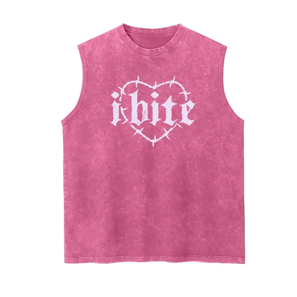Men's "I Bite" Graphic Tank Top - 100% Cotton Vintage Washed Distressed Sleeveless Goth Streetwear, Soft Breathable Loose Fit Sarcastic Apparel, Casual Retro Alt Clothes Menswear, Tank Tops