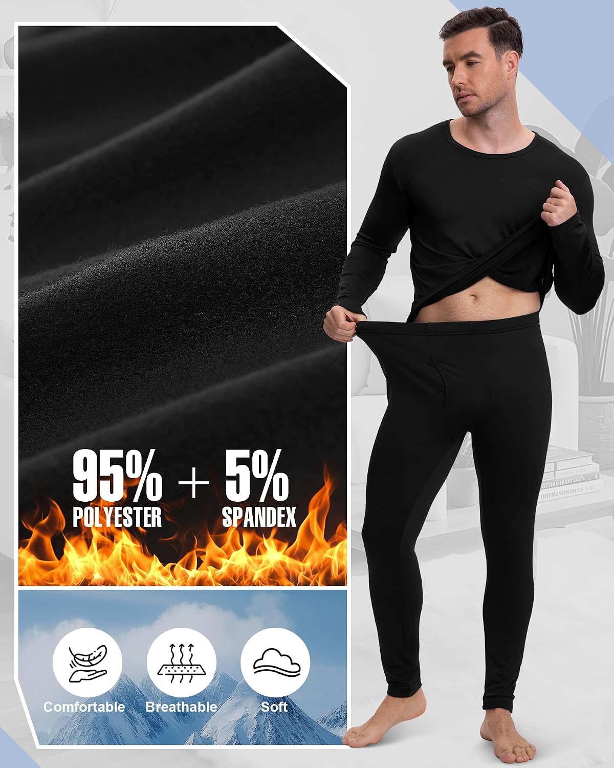 Patelai 5 Sets Men's Fleece Lined Thermal Underwear Set
