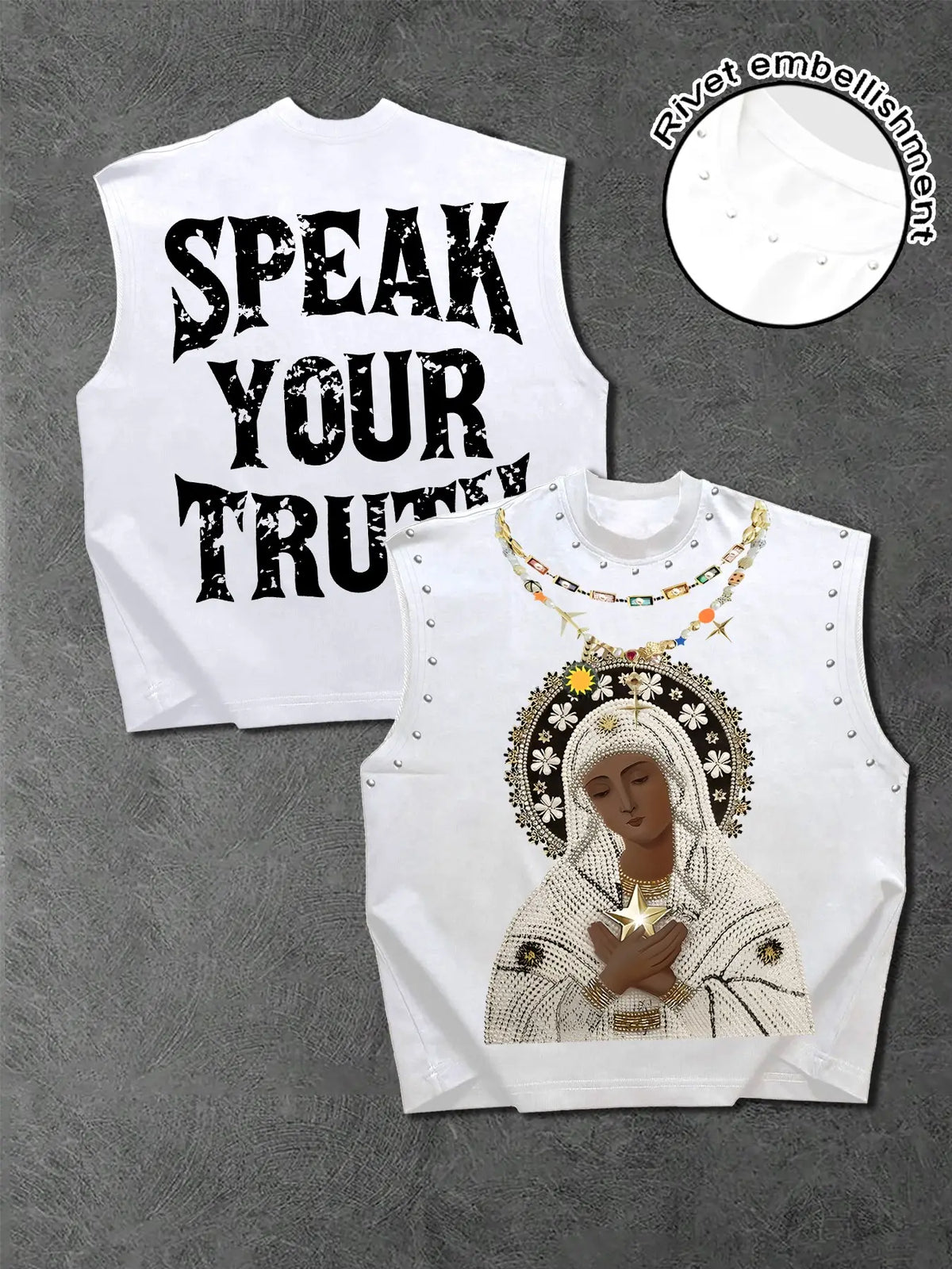 Trendy Men's Round Neck Asymmetrical Fashion Tank Top Vest with Character Graphic Print Front, Decorative Necklace Design, Letter Slogan Back, Skin-Friendly Fabric, Streetwear Style
