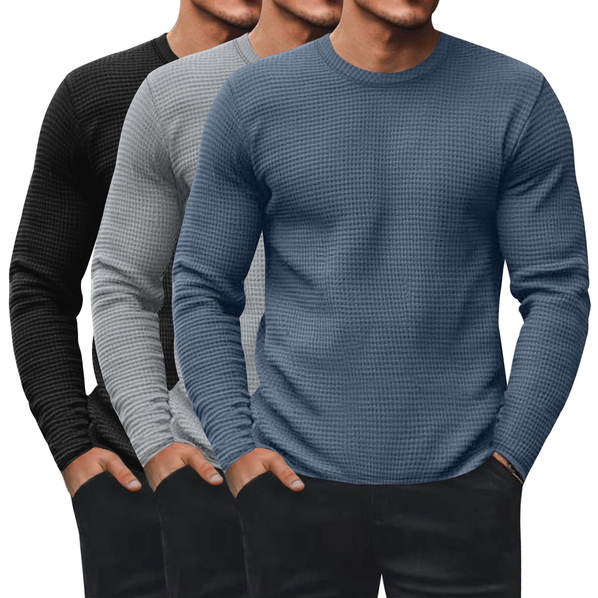 Ficerd 3 Pack Men's Waffle Thermal Long Sleeve Crew Neck Shirts